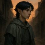 A calm anthropomorphic youth with snake motifs stands in a dusky alley, quietly prepared.（夕暮れの路地裏に佇む、静かな備えの気配をまとう獣人の青年）