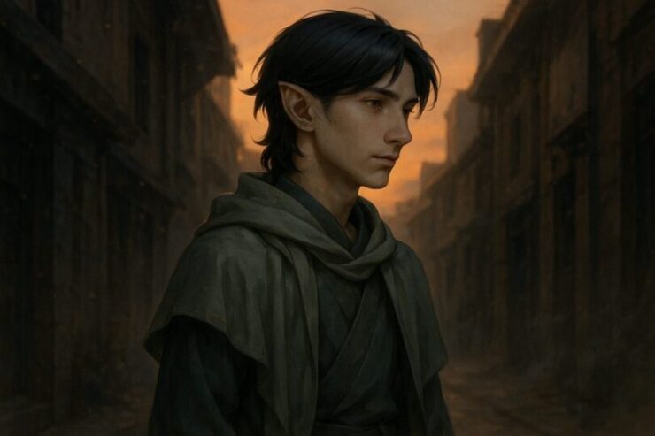 A calm anthropomorphic youth with snake motifs stands in a dusky alley, quietly prepared.（夕暮れの路地裏に佇む、静かな備えの気配をまとう獣人の青年）