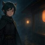 A quiet ninja-like youth standing in a misty street at night, under lantern light, with soft green tones and a hidden presence.