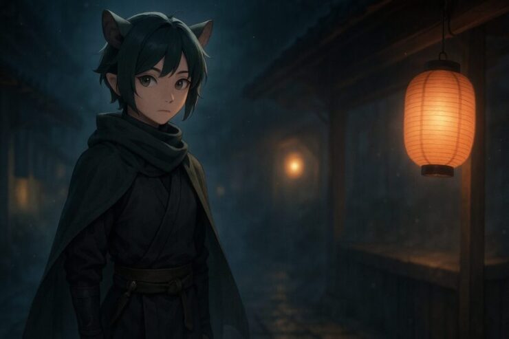 A quiet ninja-like youth standing in a misty street at night, under lantern light, with soft green tones and a hidden presence.