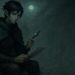 A silent ninja-like youth sits under moonlight, calmly preparing documents in a misty alley.