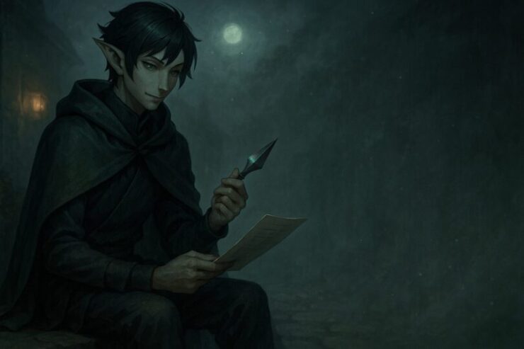 A silent ninja-like youth sits under moonlight, calmly preparing documents in a misty alley.