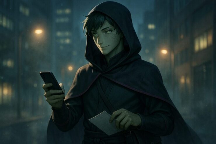 A calm ninja-style male snake beastman in a hooded cloak stands in a foggy nighttime city street, checking his smartphone and holding a document with a quiet, prepared expression.