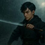 静かな霧の中、透明な忍刀を水平に構える青年ニンタ。墨緑の忍装束をまとい、深い集中の眼差しを向ける姿が印象的な横構図イラスト。