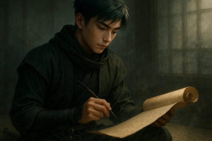 Writing in Silence – Ninta Holding a Scroll in a Misty Room | 書を手に思索するニンタの静謐なひととき