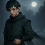 霧に包まれた石畳の通路で佇む、墨緑の忍装束を纏った青年。静かな思索の表情と、月光に浮かぶ淡いリムライトが調和し、幻想的な雰囲気を醸し出す。 A contemplative young man in deep green ninja attire stands in a foggy stone corridor, softly illuminated by moonlight and rim light, exuding a quiet presence.