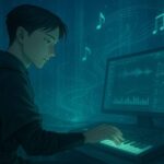 音楽制作スタジオでキーボードを操作するニンタの横顔。静寂の中、瞳に集中の光を宿しながら、空中に浮かぶ波形や音符と対話する様子を描いた幻想的なイラスト。 Ninta composing music in a serene studio, touching a keyboard while glowing waveforms and notes float in the air—his focused gaze reflecting quiet intensity.