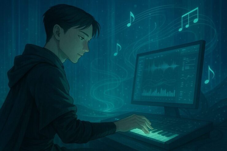 音楽制作スタジオでキーボードを操作するニンタの横顔。静寂の中、瞳に集中の光を宿しながら、空中に浮かぶ波形や音符と対話する様子を描いた幻想的なイラスト。 Ninta composing music in a serene studio, touching a keyboard while glowing waveforms and notes float in the air—his focused gaze reflecting quiet intensity.