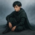 霧の広場に静かに座るニンタ。視線の先にあるのは決断ではなく、“整える”という沈黙の選択。 A young shinobi sits calmly in an open foggy space, his gaze softened by mist. This is the stillness chosen before any action is taken.