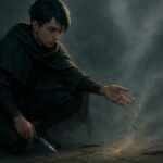 霧の中、しゃがみ込んだニンタが、選択肢を手から静かに落とす。残されたひとつの苦無と、消えていく複数の影が、“捨てる勇気”を語る構図。 A young shinobi crouches on a foggy stone path, holding a single kunai as other choices dissolve into the mist—symbolizing the quiet courage to let go.