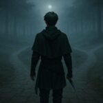 霧に包まれた分かれ道に立つ忍・ニンタの後ろ姿。静かに佇む姿が、「即断と熟考」という判断の狭間を映す。 A lone shinobi stands silently at a fog-covered forked path. His posture captures the stillness between instant decision and deep contemplation.