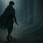 霧立つ石畳の通路を静かに歩くニンタの後ろ姿。苦無を手に、思考の波形を整えるように、一歩ずつ進む。 A young shinobi walks through a misty stone corridor, his cloak flowing and kunai in hand. Each step aligns his thoughts in silent rhythm.