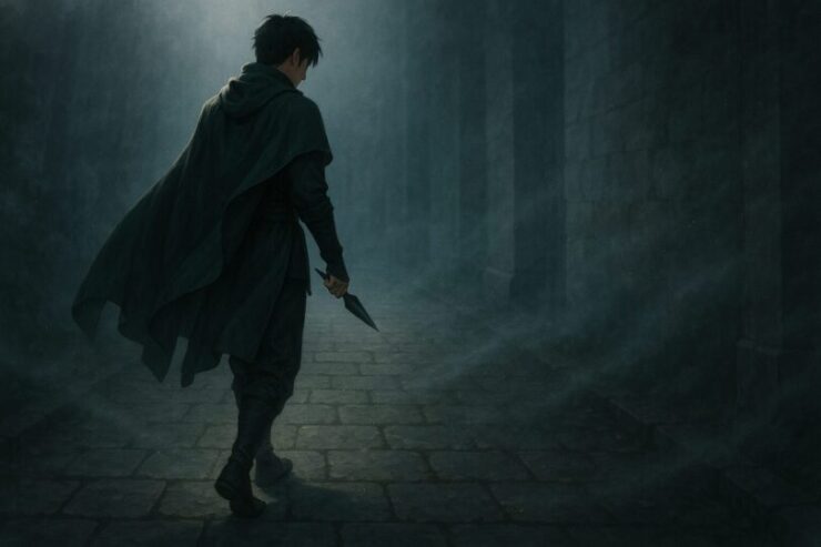 霧立つ石畳の通路を静かに歩くニンタの後ろ姿。苦無を手に、思考の波形を整えるように、一歩ずつ進む。 A young shinobi walks through a misty stone corridor, his cloak flowing and kunai in hand. Each step aligns his thoughts in silent rhythm.