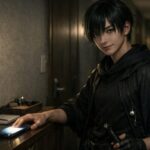 引っ越し前に静かな部屋で段ボールとチェックリストを前に作戦を練るニンタのポートレート / Ninta calmly planning a move with labeled boxes and a checklist in a bright minimalist room