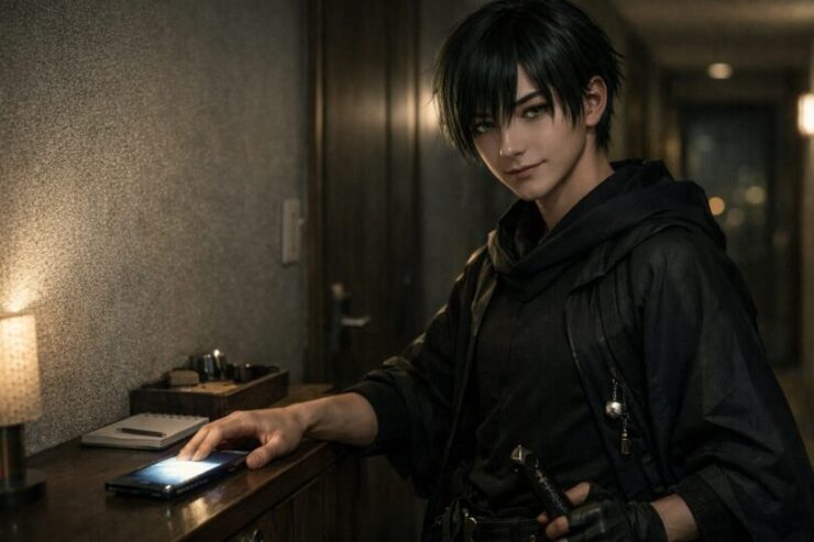 引っ越し前に静かな部屋で段ボールとチェックリストを前に作戦を練るニンタのポートレート / Ninta calmly planning a move with labeled boxes and a checklist in a bright minimalist room