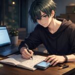 引っ越しの見積もりでパニックにならないように、チェックリストを見ながら落ち着いて段ボールとノートパソコンの前で作戦を練るニンタの横長ポートレート, Ninta calmly planning his moving estimate with a checklist, laptop and moving boxes in a wide horizontal portrait