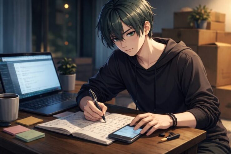 引っ越しの見積もりでパニックにならないように、チェックリストを見ながら落ち着いて段ボールとノートパソコンの前で作戦を練るニンタの横長ポートレート, Ninta calmly planning his moving estimate with a checklist, laptop and moving boxes in a wide horizontal portrait