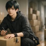 引っ越し前に荷物と気持ちを整理するために段ボールの前でチェックリストを書き込むニンタの横長ポートレート, Ninta, a calm young man with deep green eyes sitting among moving boxes and filling out a moving checklist before requesting moving quotes