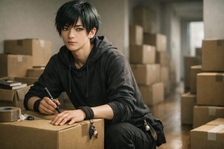 引っ越し前に荷物と気持ちを整理するために段ボールの前でチェックリストを書き込むニンタの横長ポートレート, Ninta, a calm young man with deep green eyes sitting among moving boxes and filling out a moving checklist before requesting moving quotes