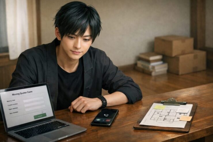 引越しの見積もり方法を調べながらノートPC画面を見る若い日本人男性の写真　Calm young Japanese man checking moving estimate options on a laptop at home