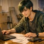 私服のニンタがノートパソコンの画面に表示された引越し料金の表を眺めながら、リビングのテーブルで静かにコスパを考えている横長ポートレート A horizontal portrait of Ninta in casual clothes calmly checking moving cost comparison tables on his laptop at a living room table