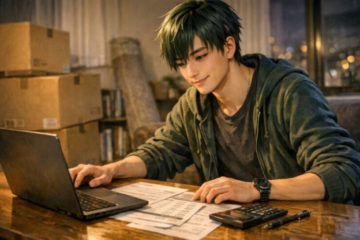 私服のニンタがノートパソコンの画面に表示された引越し料金の表を眺めながら、リビングのテーブルで静かにコスパを考えている横長ポートレート A horizontal portrait of Ninta in casual clothes calmly checking moving cost comparison tables on his laptop at a living room table