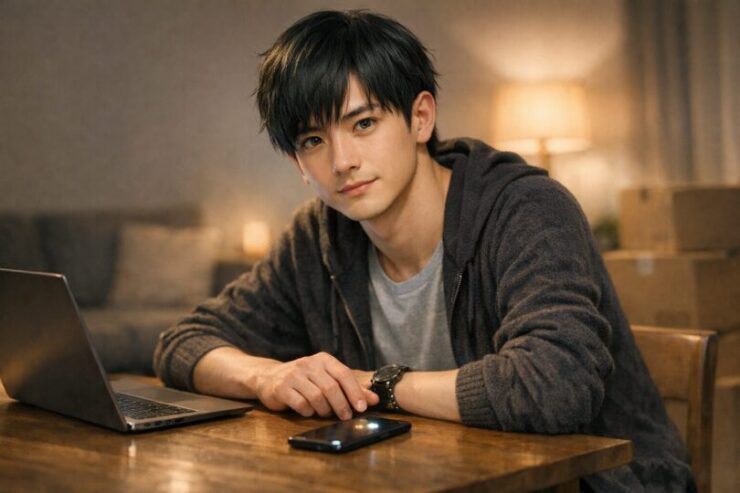 引越し見積もりサービスの料金をパソコンで比較しながら静かに考える私服の若い男性の横長ポートレート / A wide horizontal portrait of a young man in casual clothes quietly comparing moving quote services on his laptop