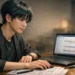 引越し見積もりの正しい順番とチェックリストを、ノートPCの比較表で静かに確認しているニンタの横長ポートレート Ninta calmly reviewing a moving quote checklist and comparison table on a laptop in a wide header style portrait