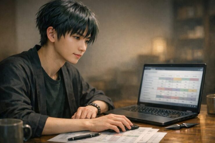 引越し見積もりの正しい順番とチェックリストを、ノートPCの比較表で静かに確認しているニンタの横長ポートレート Ninta calmly reviewing a moving quote checklist and comparison table on a laptop in a wide header style portrait