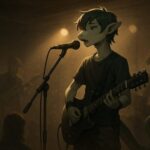 ライブハウスでギターを弾きながら歌う獣人型バンドマン・ニンタの後ろ姿