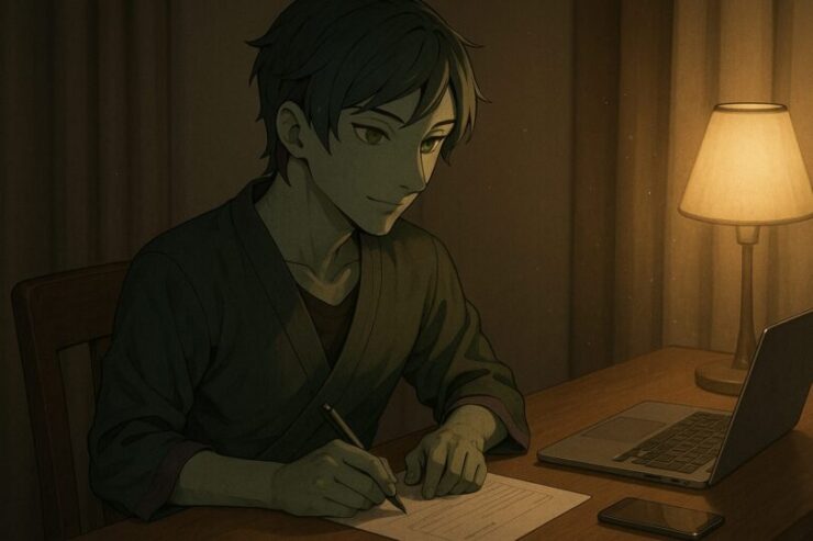 A calm, snake-featured male humanoid sits at a wooden desk at night, writing on a document under warm lamplight in a quiet room, with a laptop and smartphone beside him.