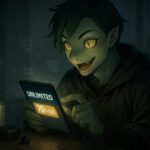 An excited snake-eared boy reading digital books on a glowing smartphone in a cozy nighttime room.