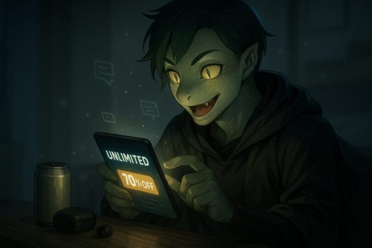 An excited snake-eared boy reading digital books on a glowing smartphone in a cozy nighttime room.